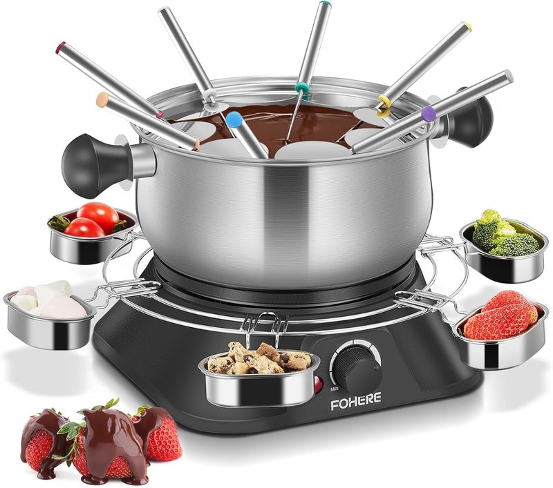 FOHERE 1500W Electric Fondue Pot Set, 1.4QT Non-Stick Electric Fondue Pot with 8 Color-Coded Forks, 6 Pcs Cups and Anti-Scald Handle, Precise Temperature Control for Cheese,Chocolate,Oil and Broth - Image 1